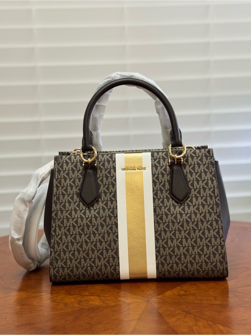 Michael Kors Brown Logo Satchel with White and Gold Stripe
